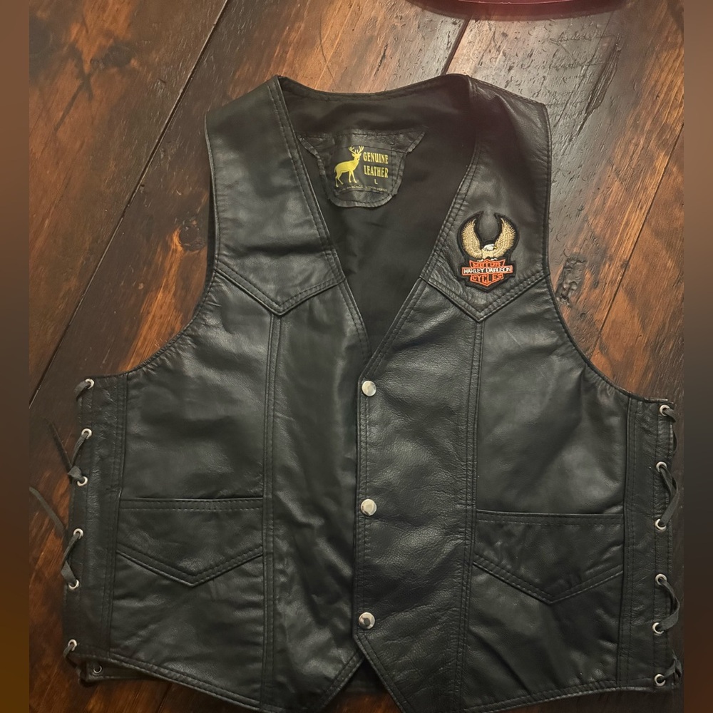 Harley-Davidson Black Leather Vest with Gold and Orange Patch